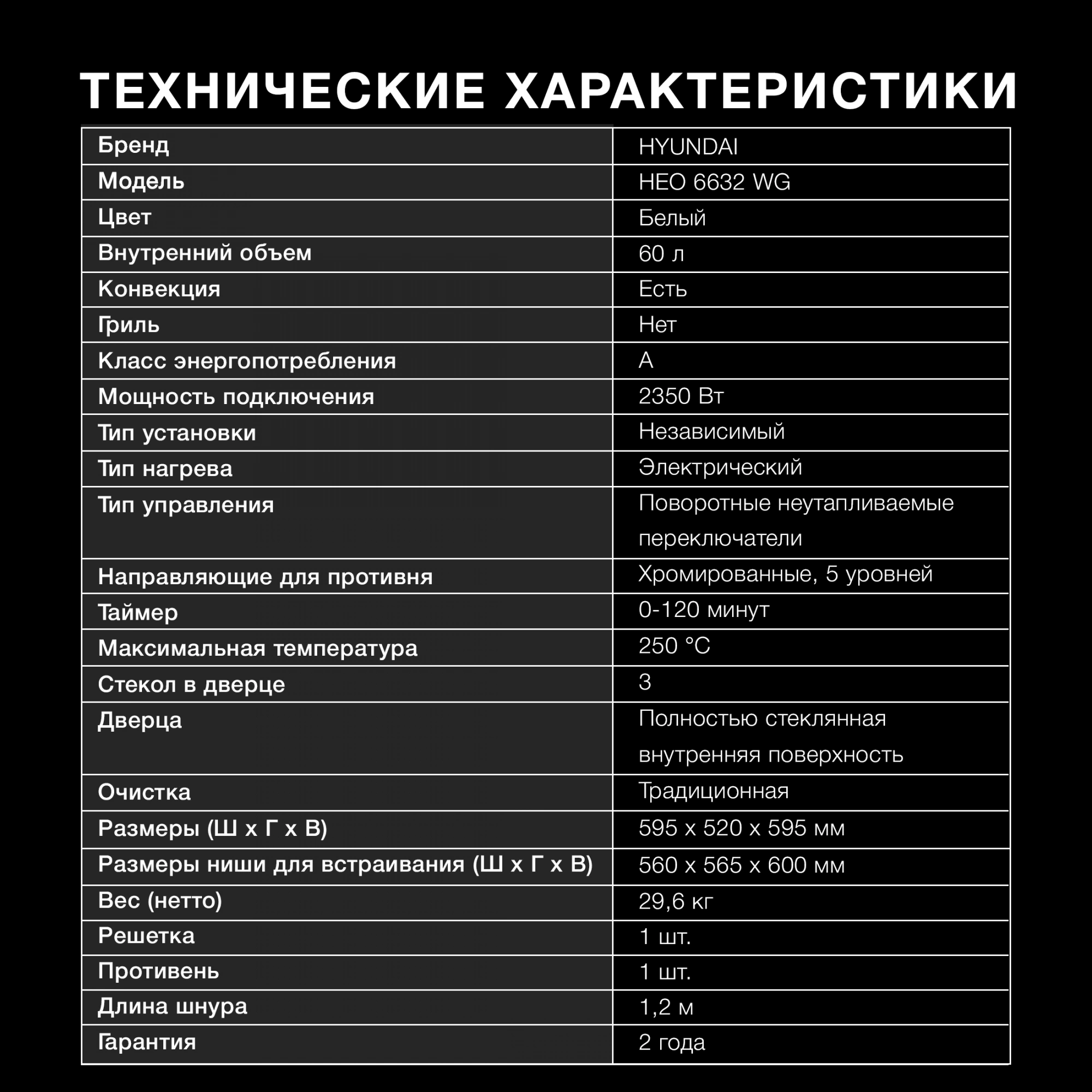 Духовой шкаф Электрический Hyundai HEO 6632 WG, превью предыдущего фото