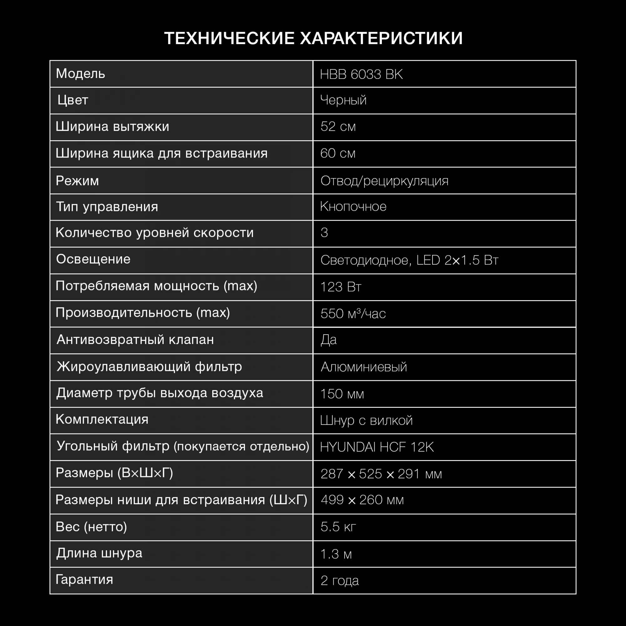 Вытяжка встраиваемая Hyundai HBB 6033 BK, превью предыдущего фото